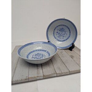 Chinese JingDeZhen Blue White Porcelain Rice Grain Dragon Bowls Set 2